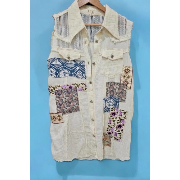 POL Cream Patchwork & Lace Gauze Button Front Vest Dress - Picture 7 of 12